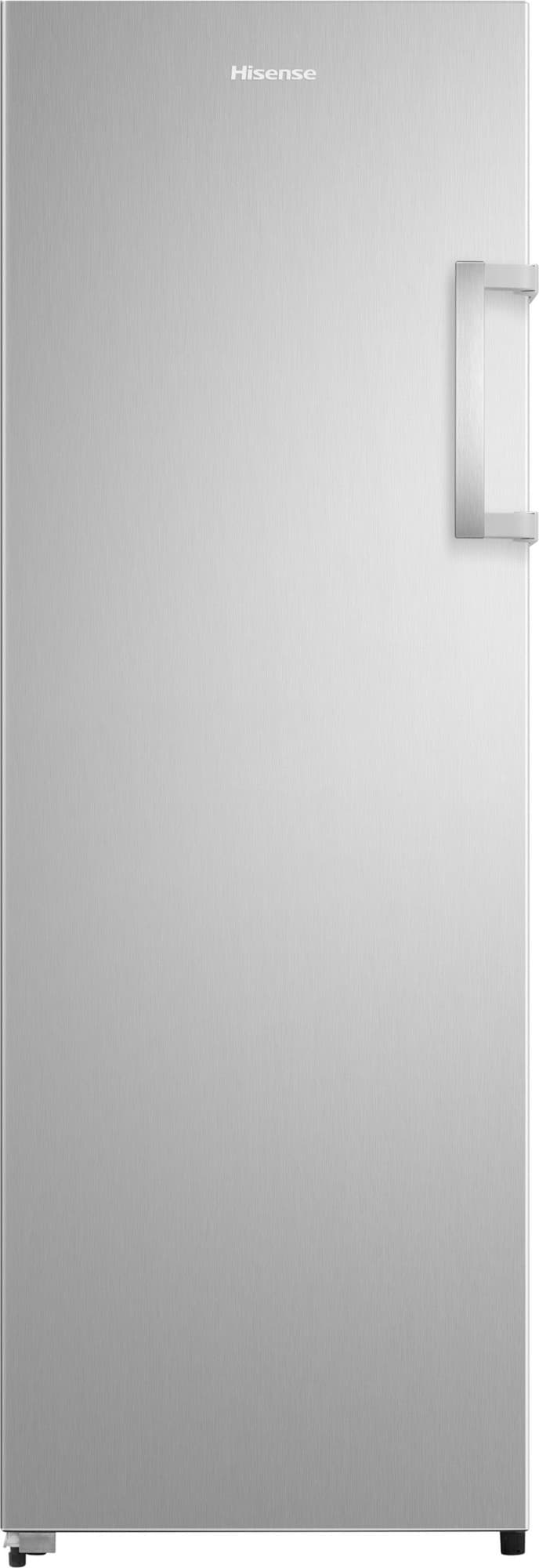 Silver stainless steel refrigerator with a sleek, minimalist design, featuring a prominent handle and the Hisense logo at the top.