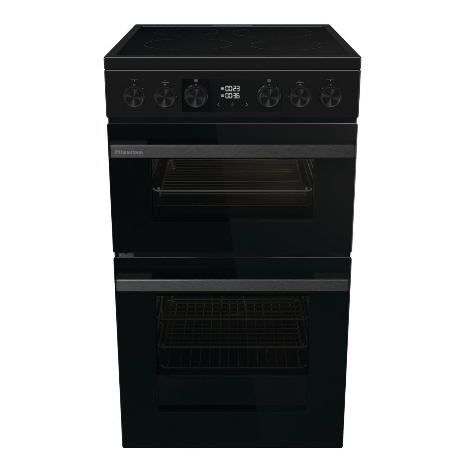 Hisense 50cm electric cooker in sleek black, featuring two ovens, air fry capability, digital display, and four control knobs on the top for easy temperature adjustment.