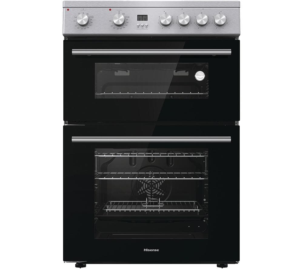 Black and stainless steel electric ceramic cooker featuring a double oven design, four control knobs, digital display, and glass doors for easy viewing.