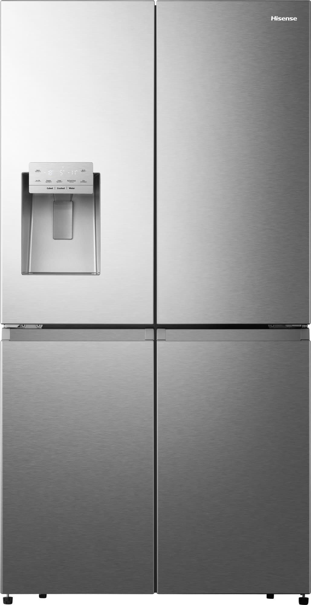 Hisense 584 litre grey four-door fridge freezer featuring a non-plumbed water dispenser and a sleek stainless steel finish.