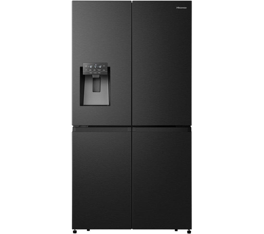 Hisense PureFlat 584 Litre Four Door American fridge freezer in sleek black finish, featuring a water dispenser and modern design with smooth, matte surfaces.