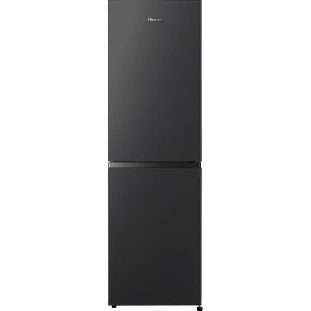 Sleek black Hisense refrigerator with a modern design, featuring a top fridge compartment and a bottom freezer, smooth finish, and minimalist branding.