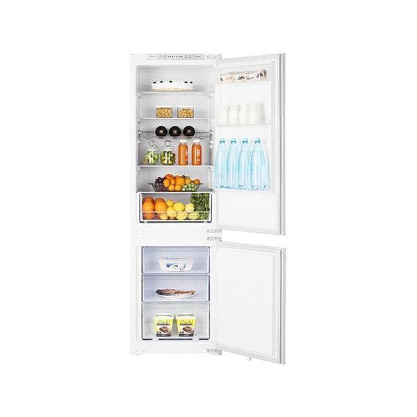 Hisense 246 Litre 70/30 Integrated Fridge Freezer in white, featuring spacious shelves, clear storage bins, and a bottom freezer compartment, ideal for organized food storage.