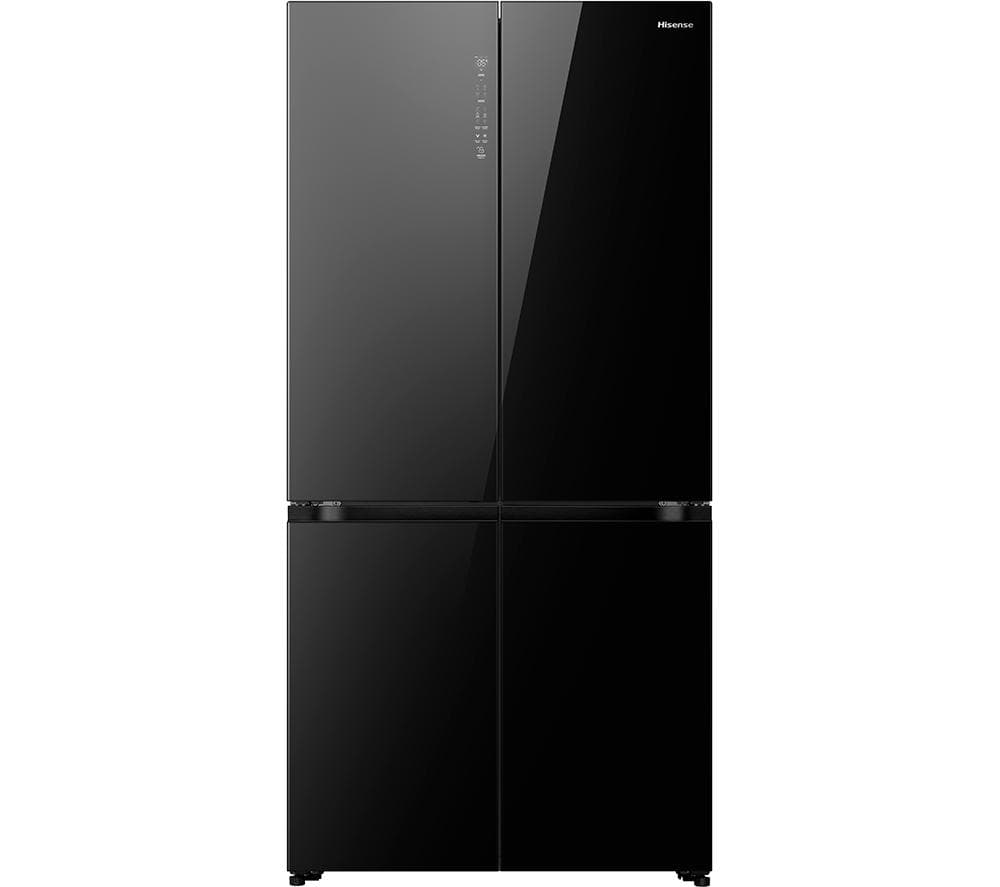 Hisense KitchenFit four-door American fridge freezer in sleek black finish, featuring a modern design and digital control panel on the front.