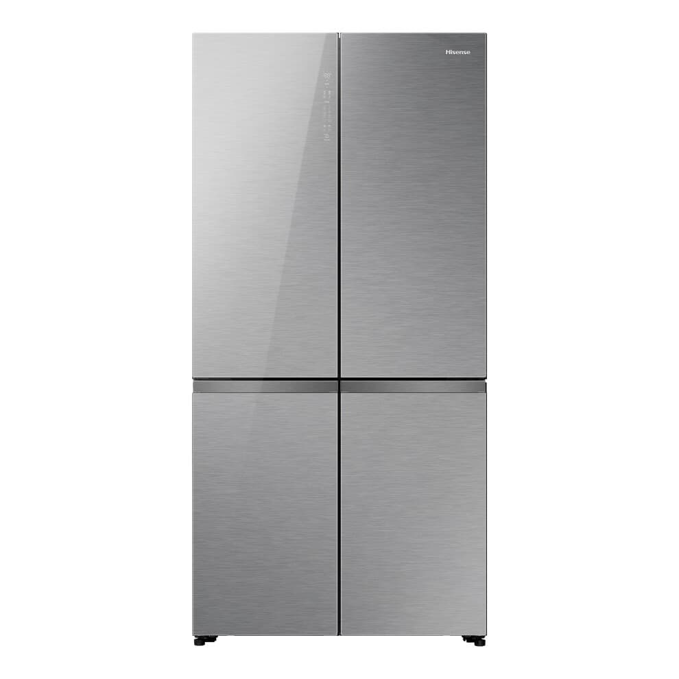 Stainless steel Hisense RQ768N4GVE refrigerator with a sleek, modern design featuring four doors and a minimalist control panel.