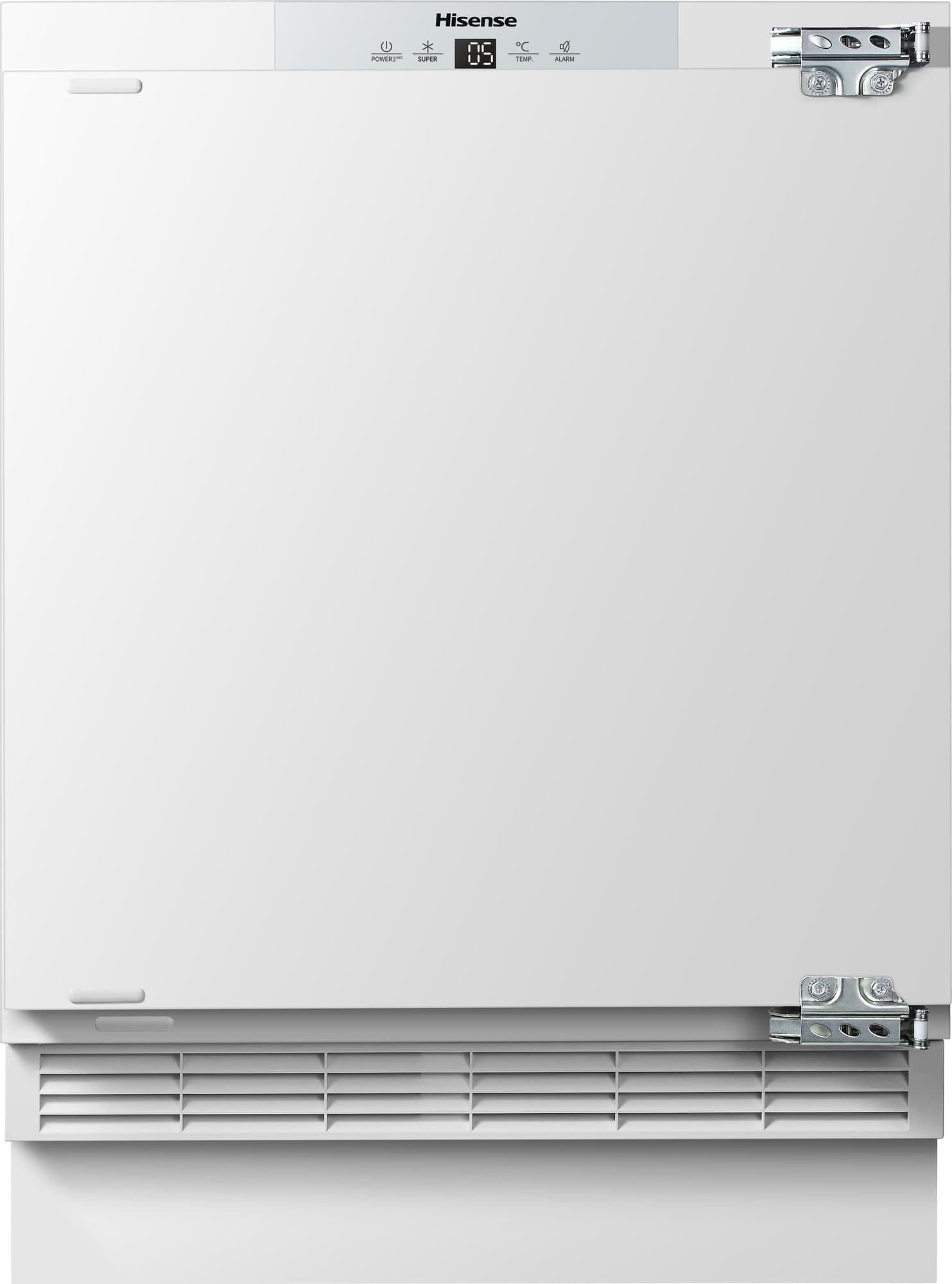 White integrated under counter fridge with a smooth finish, featuring a digital display, adjustable temperature controls, and a small ice box compartment at the top.