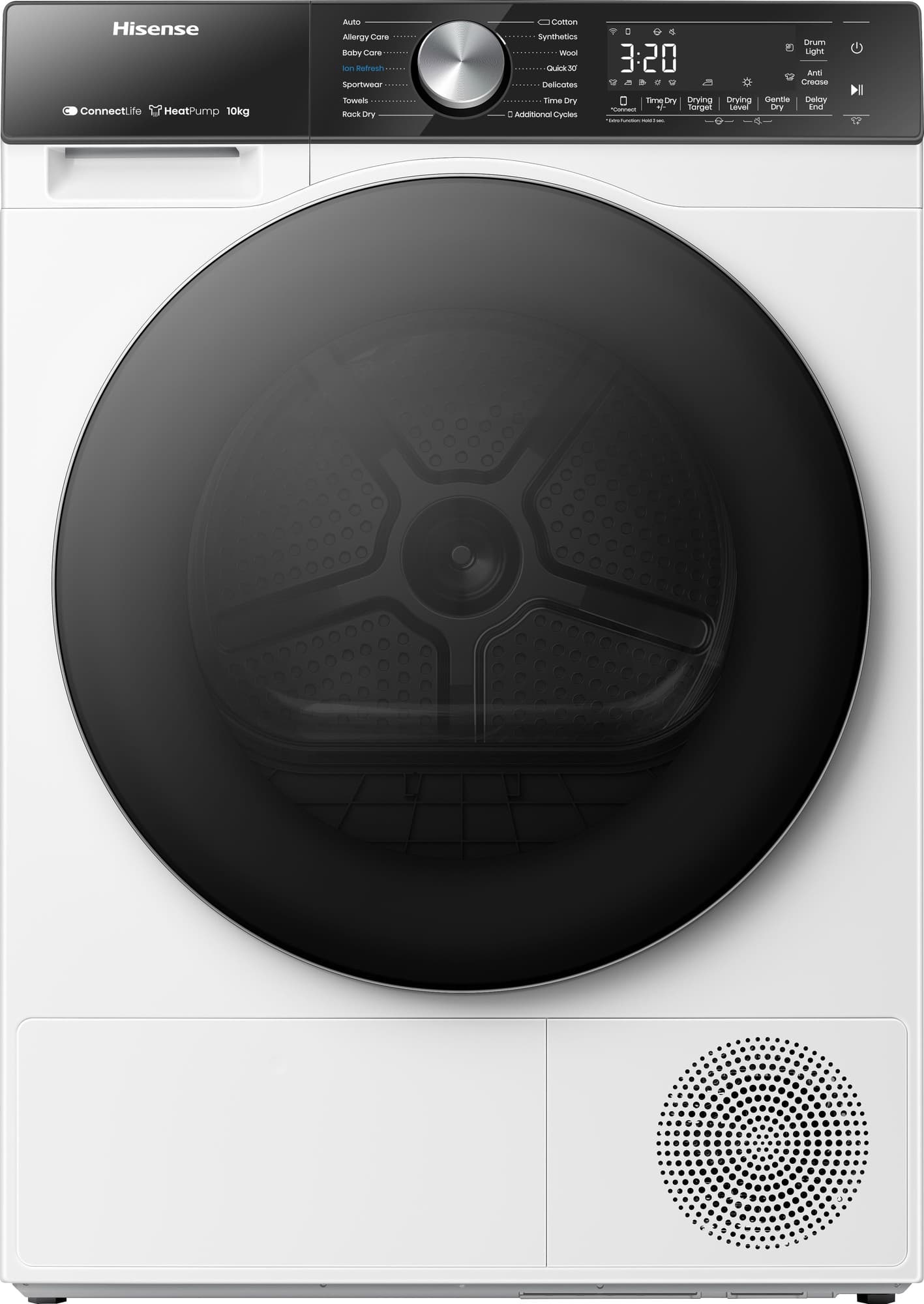 White Hisense DH5S102BW dryer with a large black door, digital control panel, and a circular drum design, featuring a sleek modern look and energy-efficient heat pump technology.