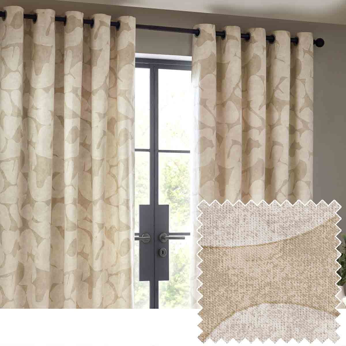 Natural-colored abstract eyelet curtains with a soft, textured pattern, measuring 229 x 183 cm, featuring a modern design and a light, airy feel.
