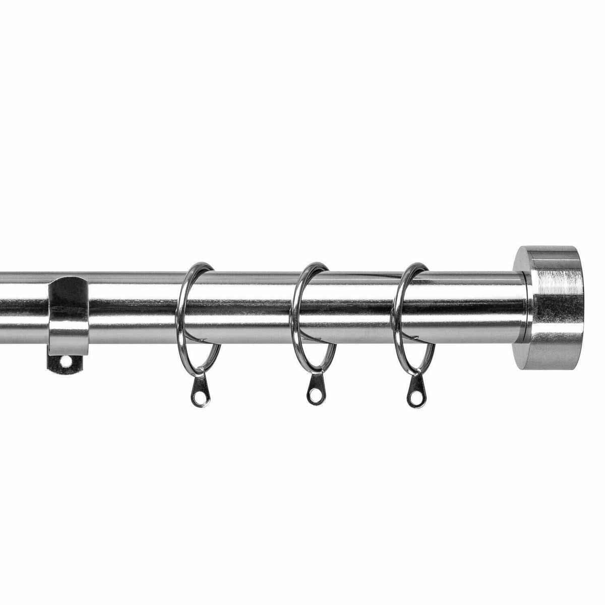 Extendable chrome curtain pole set in silver, measuring 40cm to 144cm, featuring a sleek finish and multiple rings for easy curtain hanging.