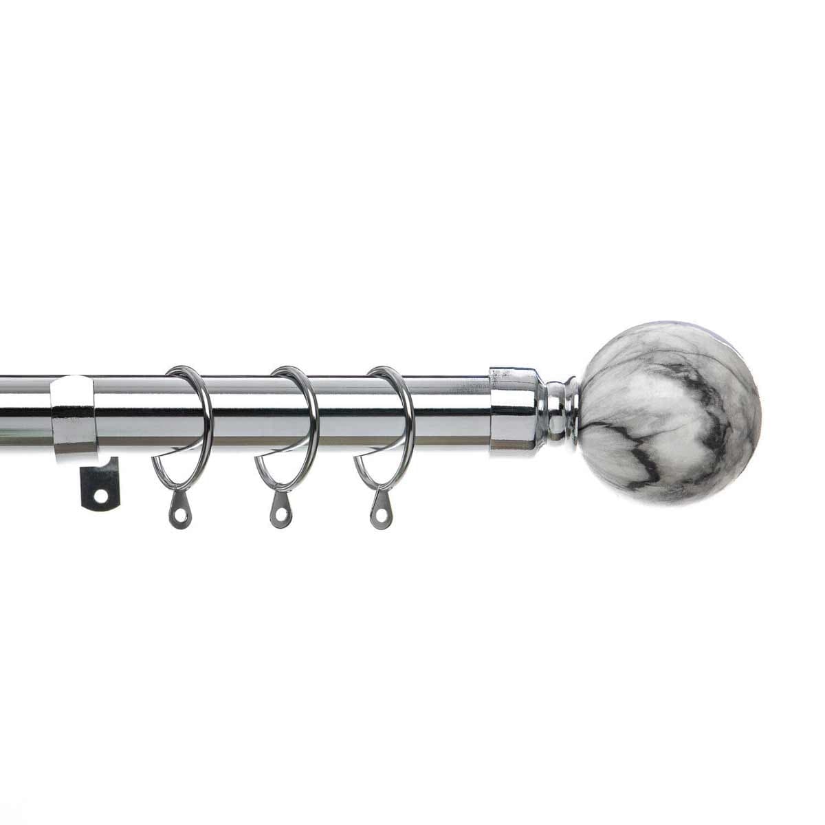 Extendable metal curtain pole set featuring a chrome finish, marble-patterned finial, and four curtain rings, adjustable from 40cm to 144cm in silver color.