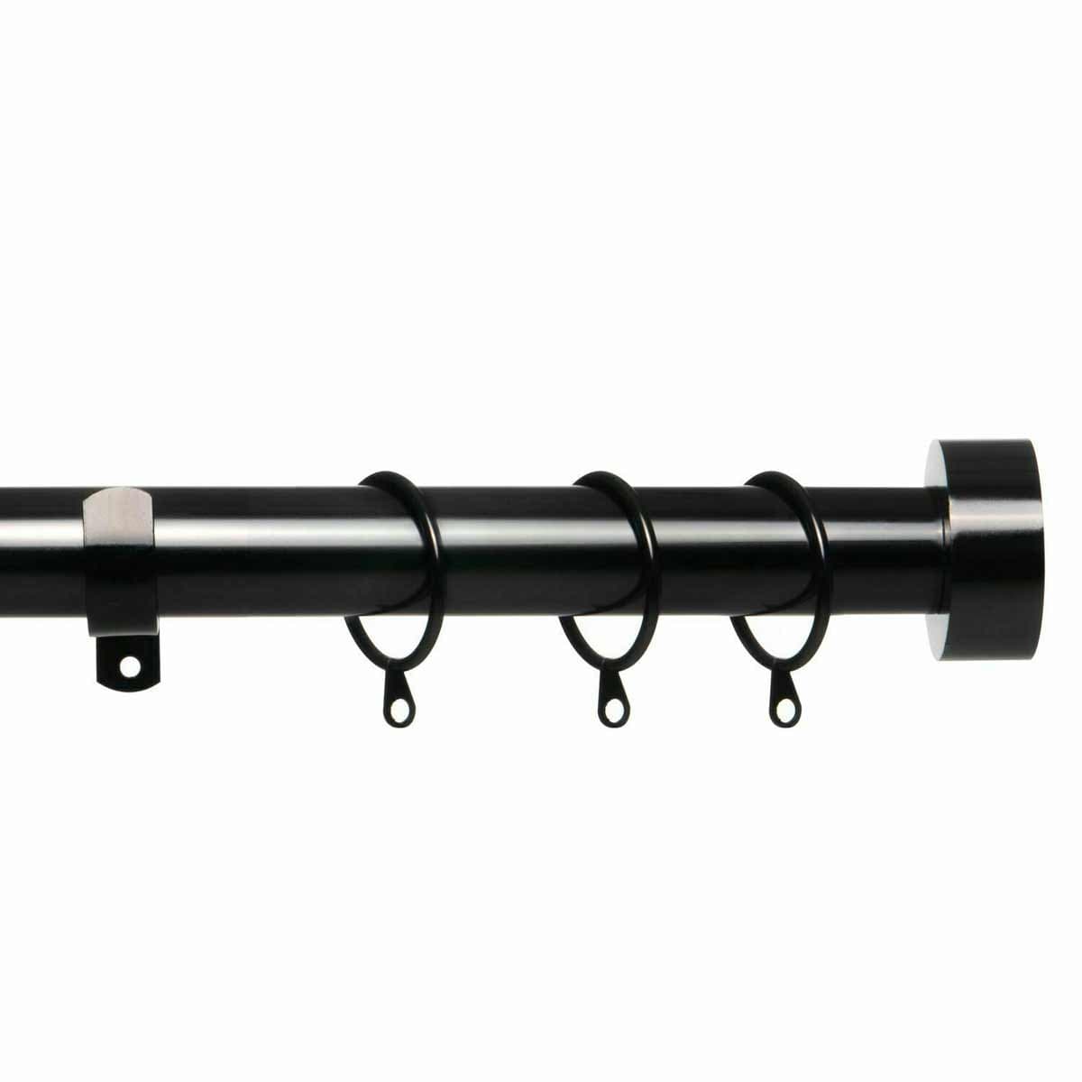 Extendable black nickel curtain pole set with a sleek finish, featuring adjustable lengths from 40cm to 325cm and multiple rings for easy curtain hanging.