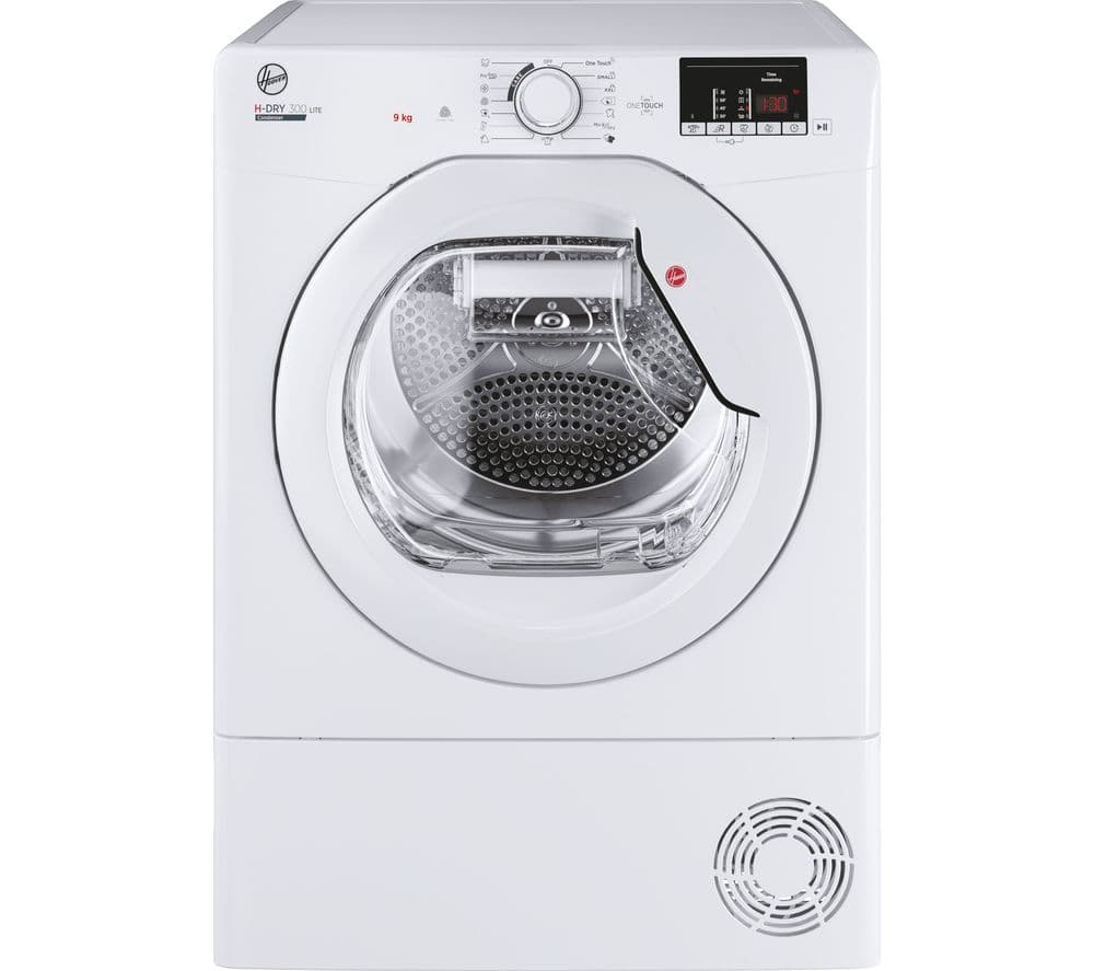 White Hoover dryer with a transparent door, digital control panel, and a 9 kg capacity, featuring a modern design and a circular vent at the bottom.