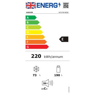 E Rated integrated low frost fridge freezer by Hoover, 177cm tall, featuring a 70:30 split, energy label E, with 190L fridge and 73L freezer capacity.