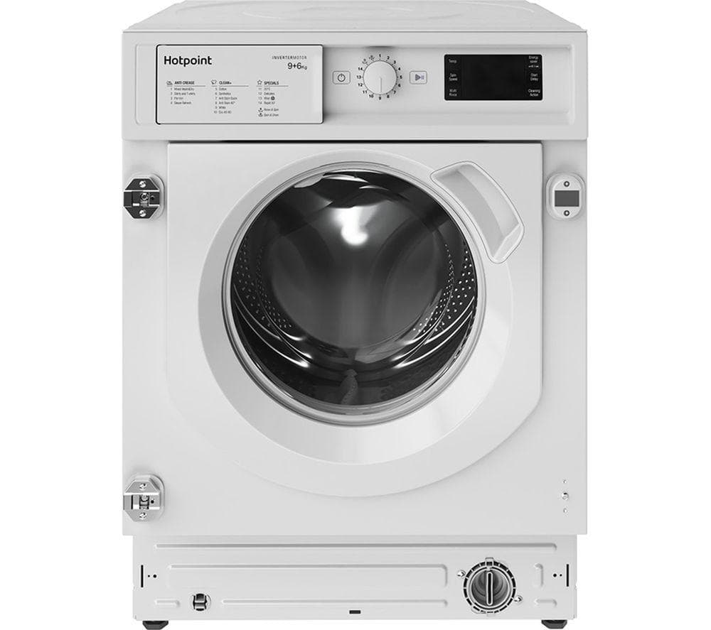 White integrated washer dryer with a circular door, control panel featuring knobs and digital display, and a sleek design, labeled with Hotpoint branding and model details.