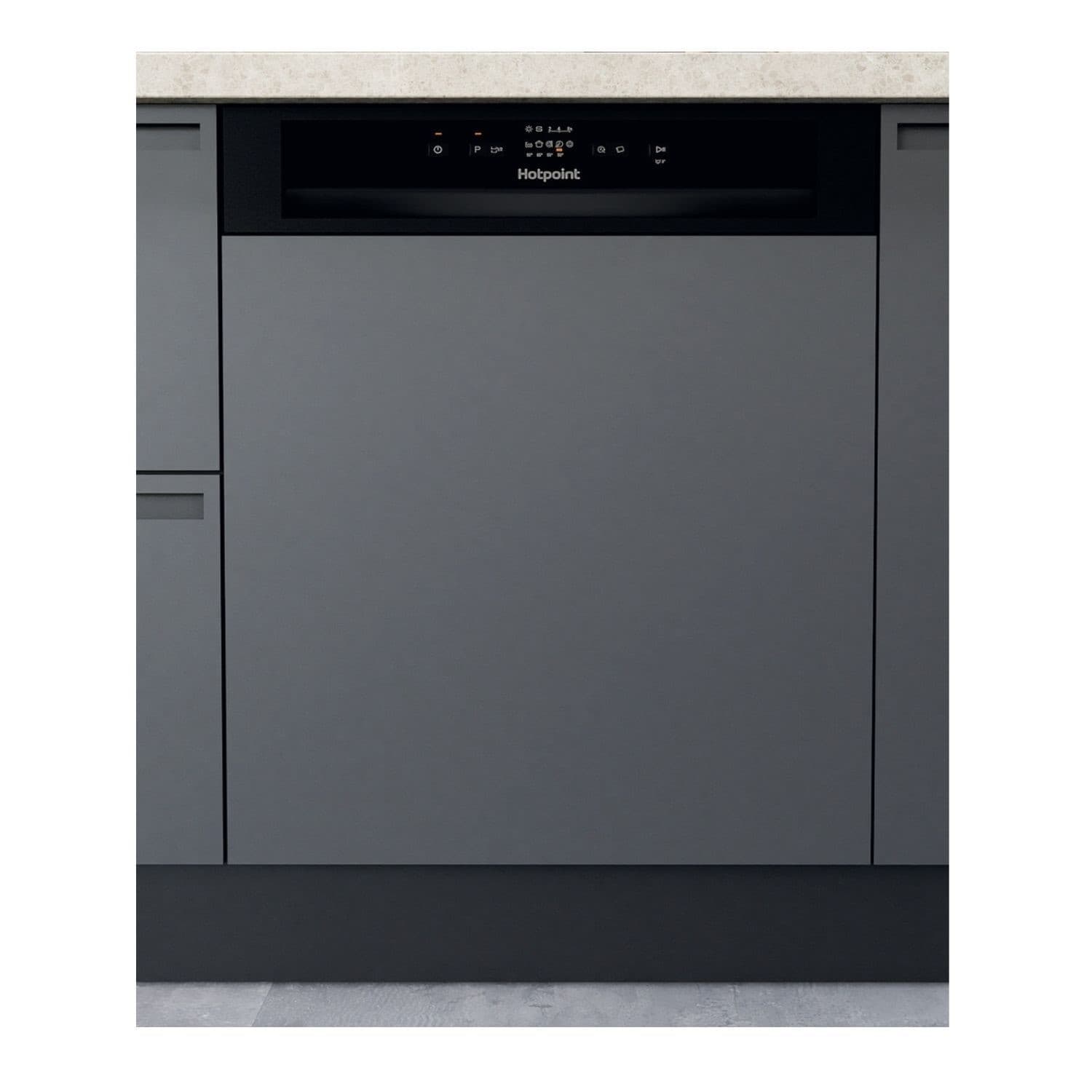 Hotpoint H3BL626BUK semi-integrated dishwasher in sleek black, featuring a minimalist design with a control panel at the top and a 14-place setting capacity.