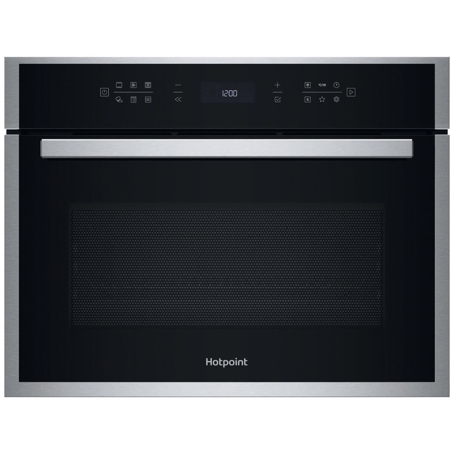 Stainless steel built-in compact combination microwave oven with a sleek black front, digital control panel, and a prominent Hotpoint logo at the bottom.