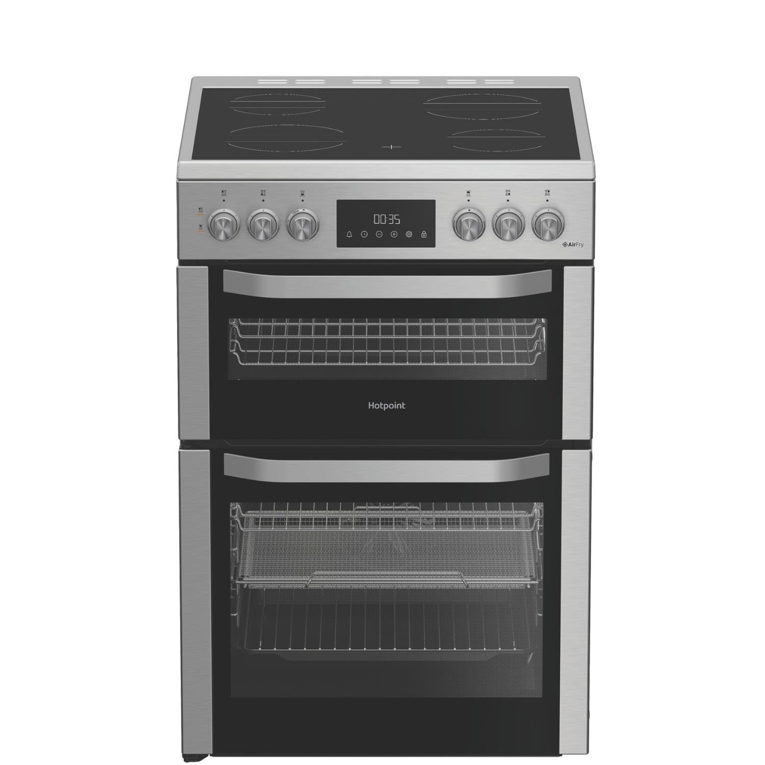 Stainless steel 60cm electric cooker with a smooth black ceramic hob, four cooking zones, digital display, and two spacious oven compartments with glass doors.