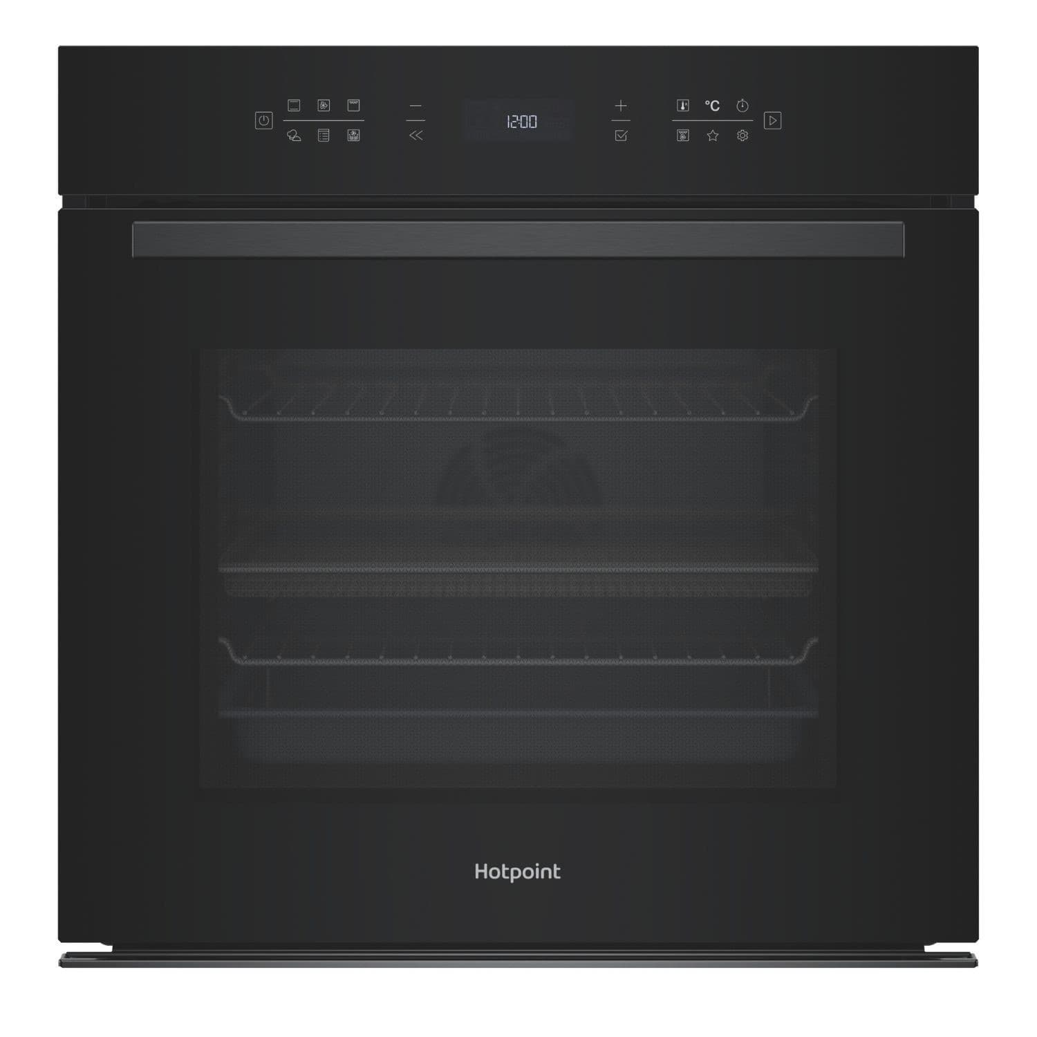 Black electric multifunction single oven with air fry feature, featuring a sleek glass door, digital control panel, and two interior racks for versatile cooking options.