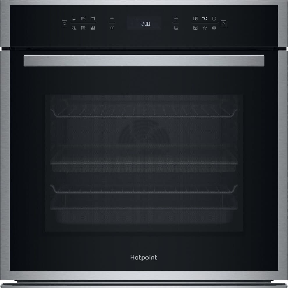 Hotpoint Class 6 HOI68HT0SXUK electric multifunction single oven in stainless steel with a black glass door, featuring digital controls and air fry capability.