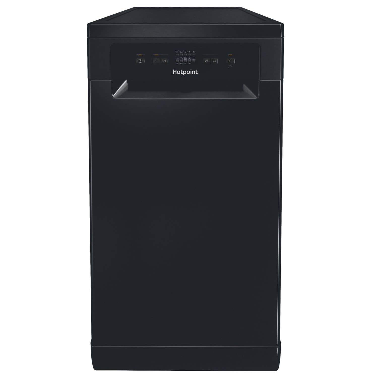 Hotpoint freestanding slimline dishwasher in sleek black finish, 45cm wide, featuring a control panel with buttons and indicators for 10 place settings and quick wash functionality.