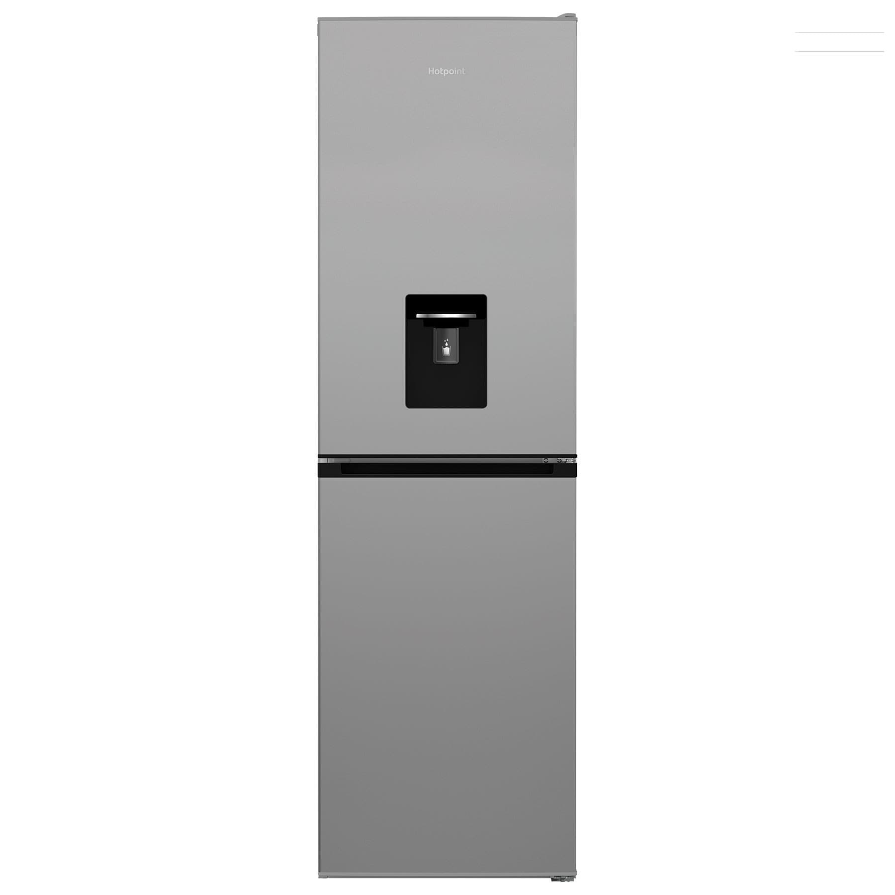 Silver 268-litre freestanding fridge freezer with a 50/50 split, featuring a sleek design, a water dispenser on the front, and a black handle.
