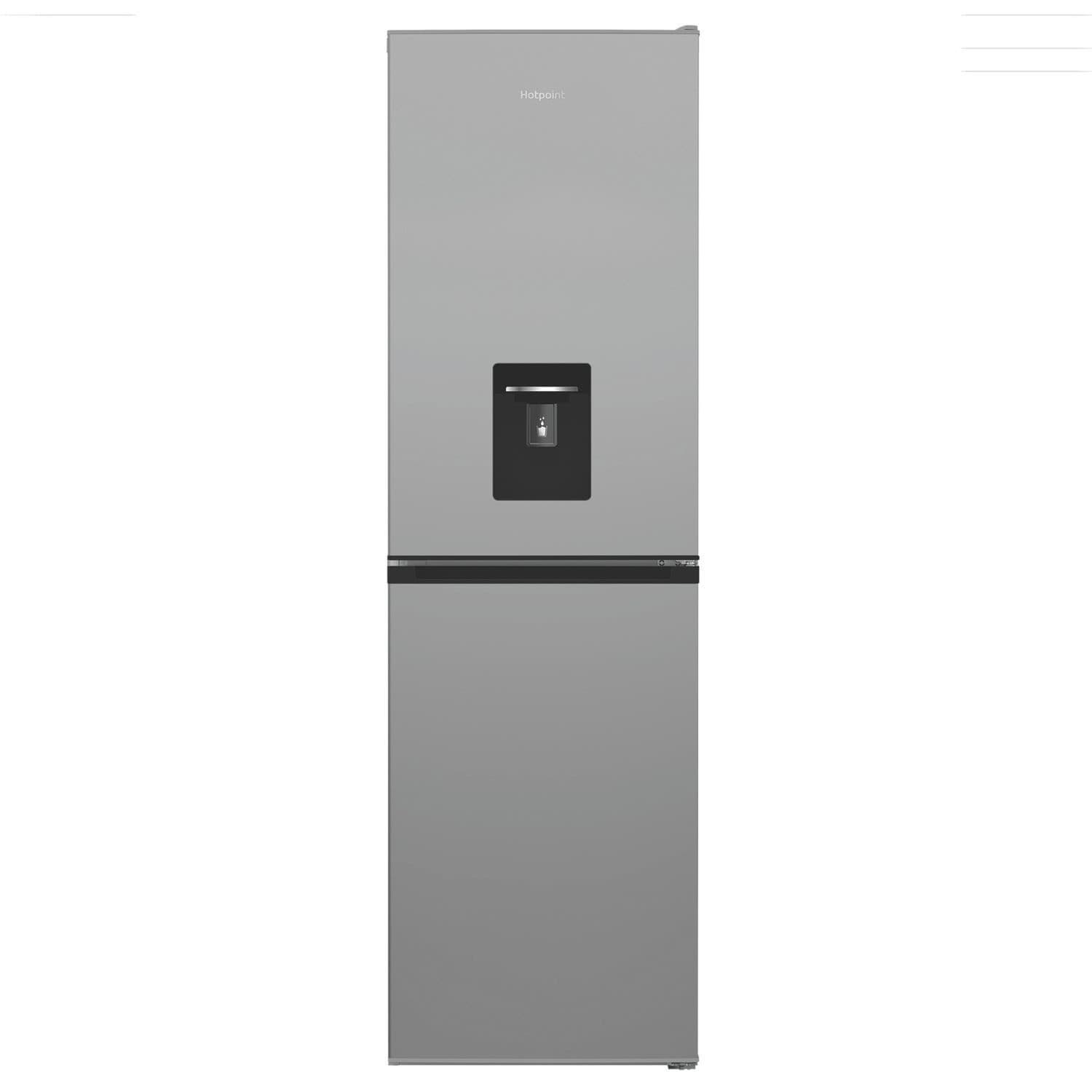 Silver 270-litre Hotpoint freestanding fridge freezer with a 50/50 split, featuring a water dispenser on the front and a sleek, modern design.
