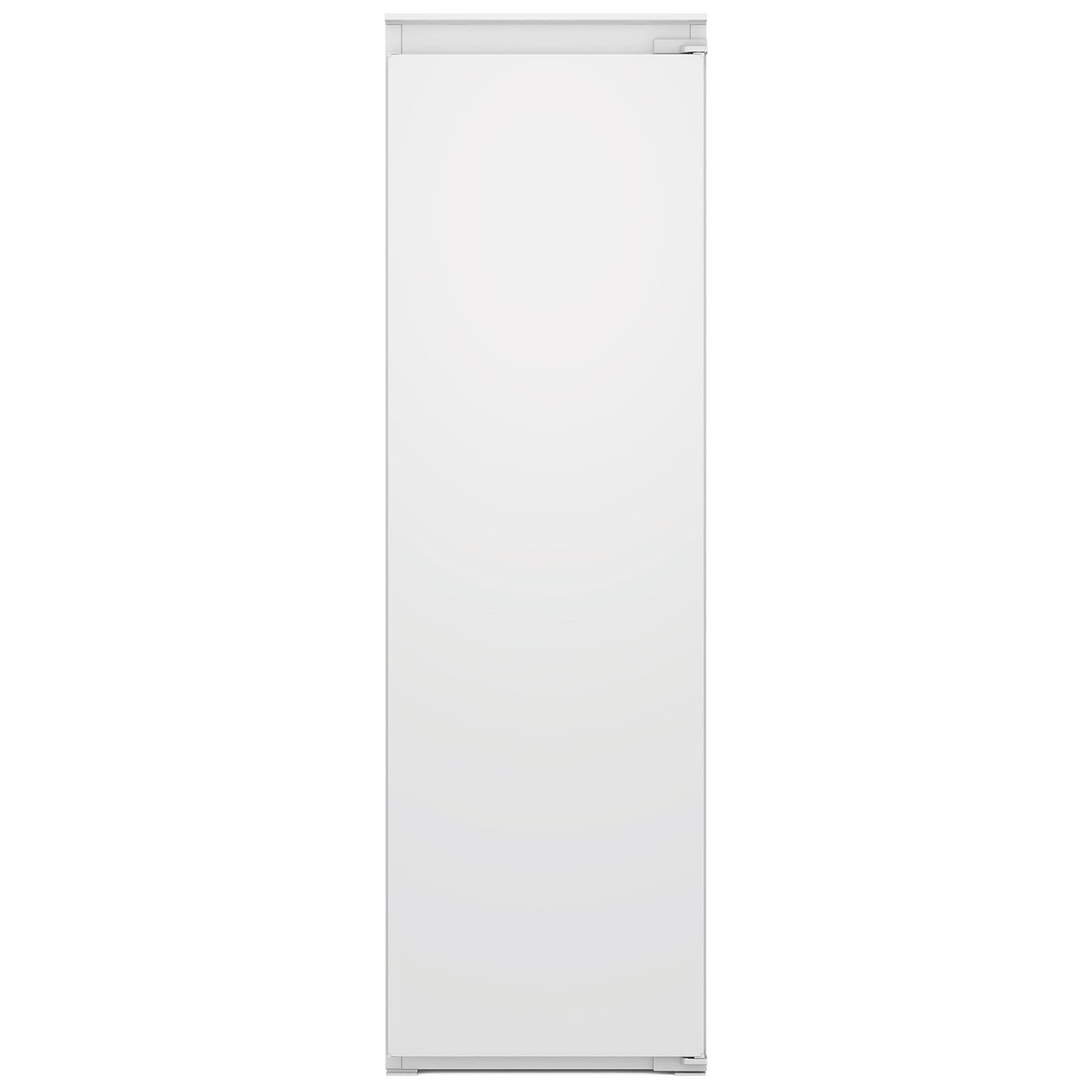 White integrated tall larder fridge with a sleek design, featuring a smooth finish, low frost technology, and a single door without visible handles.