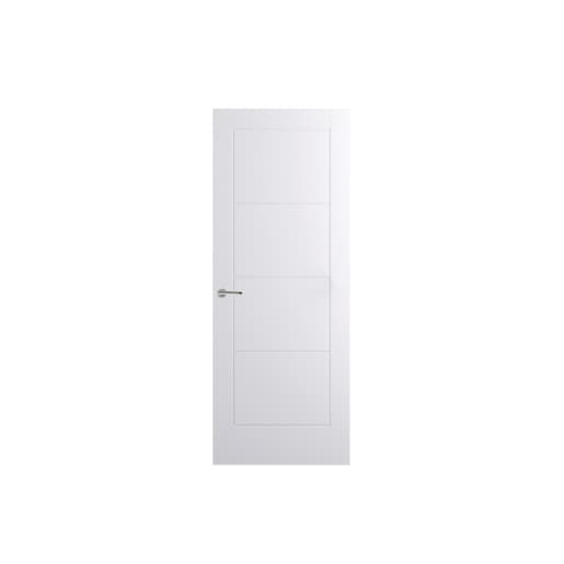 White internal moulded door featuring three horizontal panels, made of smooth material, with a sleek silver handle, measuring 1981 mm x 762 mm x 35 mm.