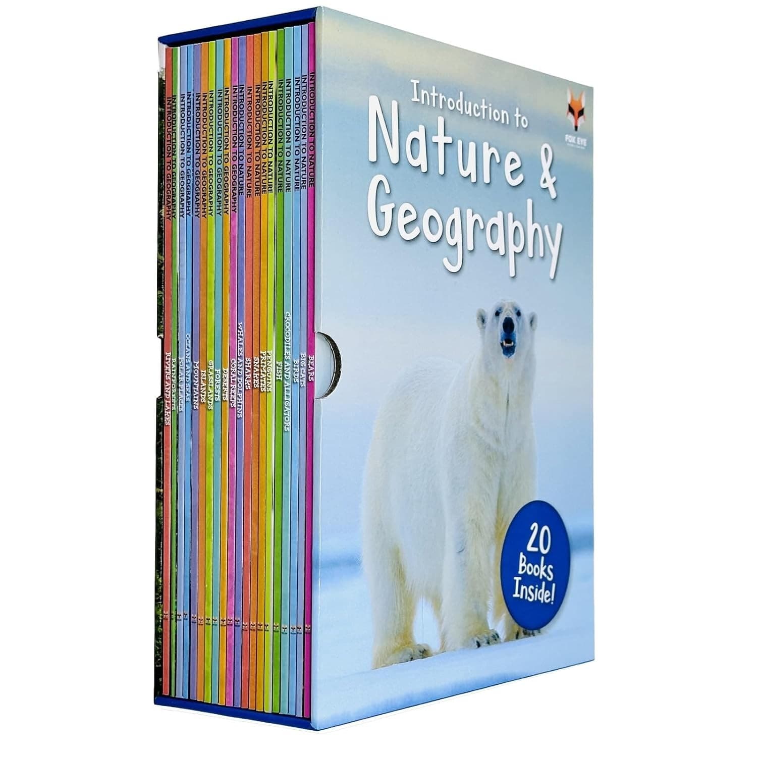 Colorful box set featuring a polar bear on the cover, containing 20 nature and geography books by Jasmine Brooke, with vibrant spines in various colors.