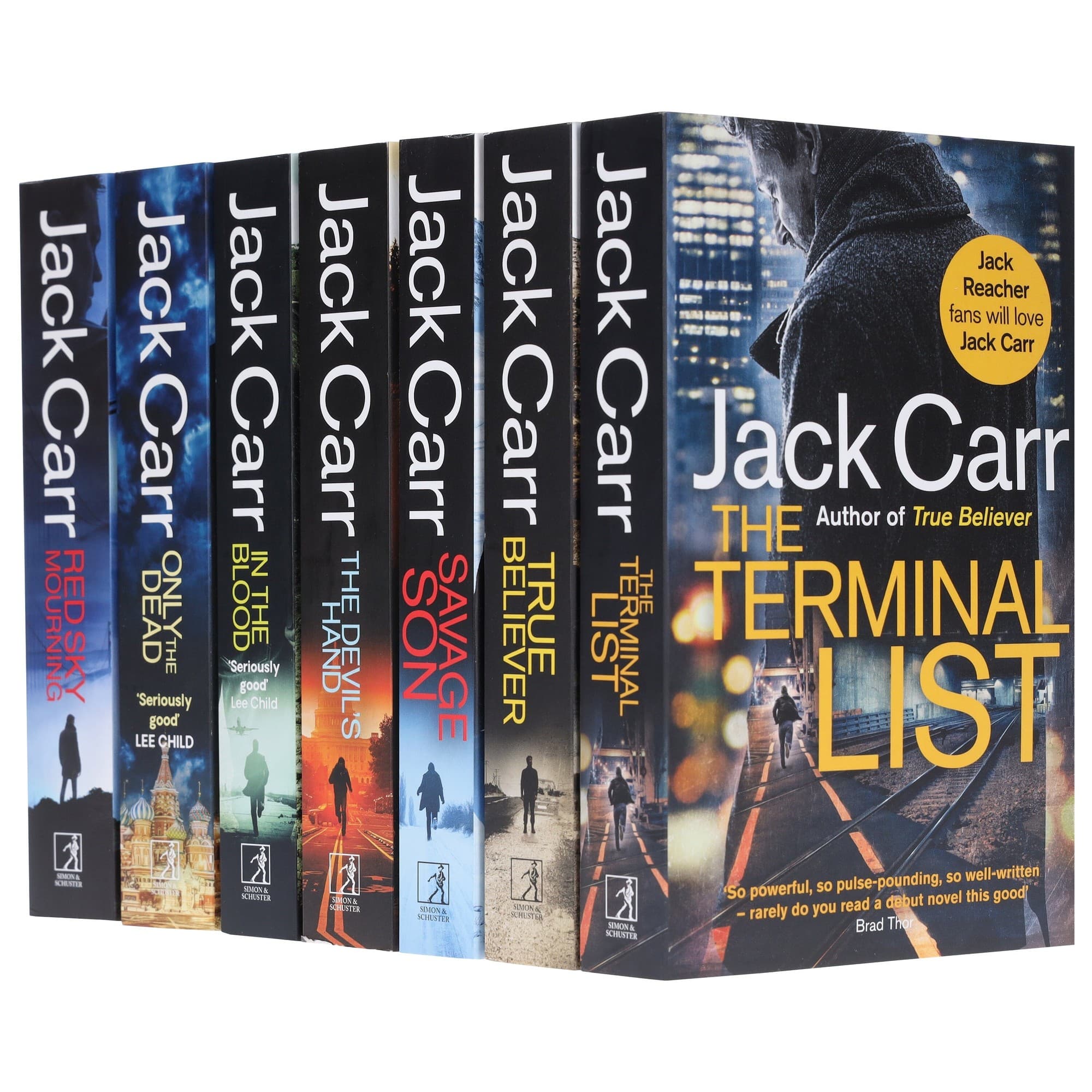A set of six hardcover books featuring the "James Reece Series" by Jack Carr, with dark covers and bold white text, showcasing titles like "The Terminal List" and "Red Sky Morning."