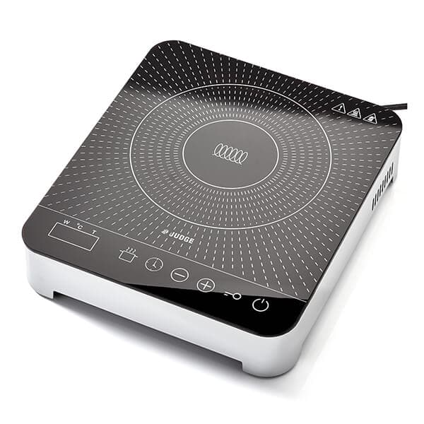 Silver Judge Induction Hob with a sleek black top featuring a spiral design, touch control panel, and safety indicators on the side.