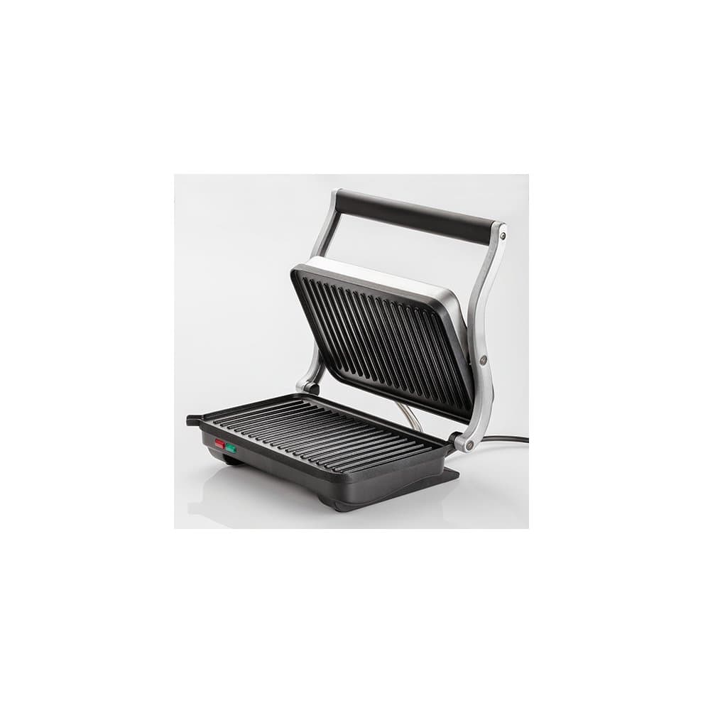 Silver Healthy Grill by Judge, featuring a sleek stainless steel design, ribbed grilling plates, and a sturdy handle, ideal for healthy cooking.
