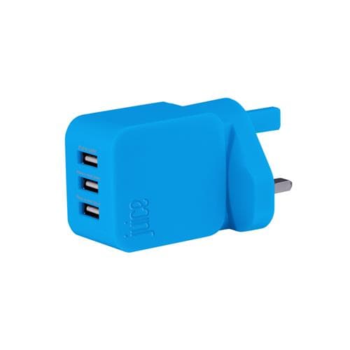 Bright blue USB wall charger with three ports, featuring a compact design and a single plug for easy use in indoor settings.