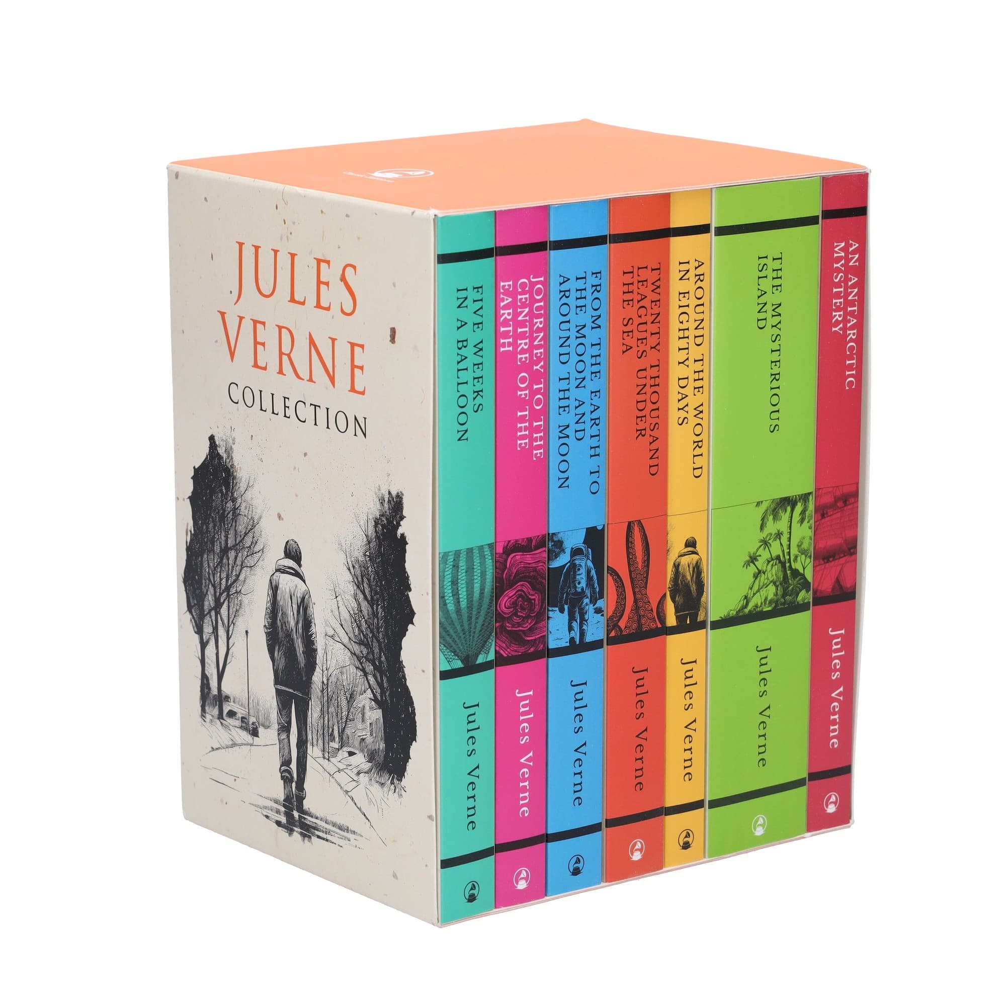 A colorful 7-book set by Jules Verne, featuring titles like "Journey to the Centre of the Earth" and "Around the World in Eighty Days," with a white box and vibrant spine designs.