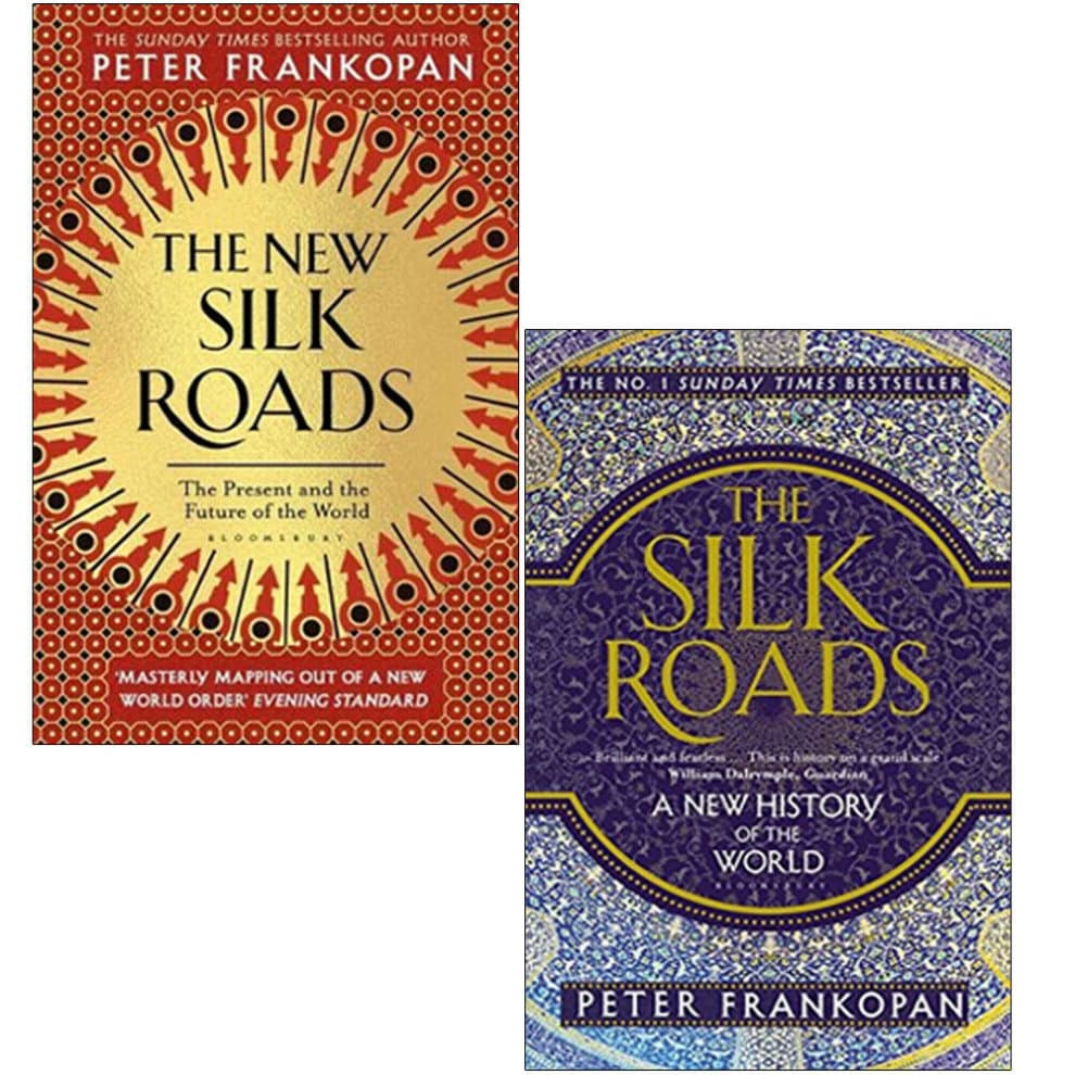A collection of two hardcover books featuring vibrant, decorative covers; one gold with red patterns titled "The New Silk Roads" and the other deep blue with intricate designs titled "The Silk Roads."