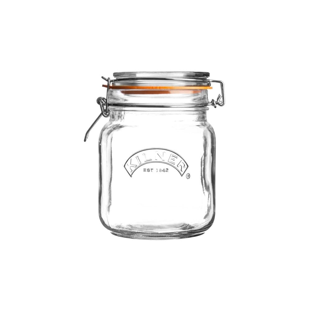 Clear glass square jar with a metal clip top and orange silicone seal, featuring the Kilner logo embossed on the front, holds 1000ml.