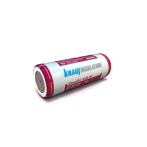 Knauf Insulation OmniFit insulation roll, featuring a white and red exterior, measures 3400mm x 1200mm x 200mm, designed for thermal and acoustic insulation.