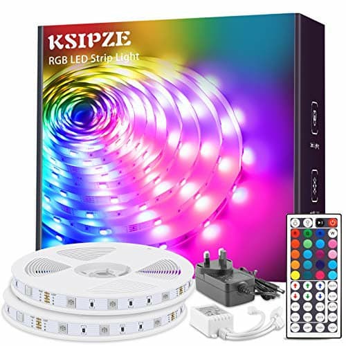 Ksipze 20m RGB LED strip lights featuring SMD 5050 technology, a 44-key remote control, and a 12V power supply, displayed with colorful lighting effects and packaging.