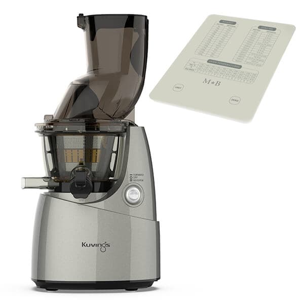 Kuvings B8200 Whole Slow Juicer in silver with a sleek design, featuring a large feeding chute and a complimentary recipe guide.
