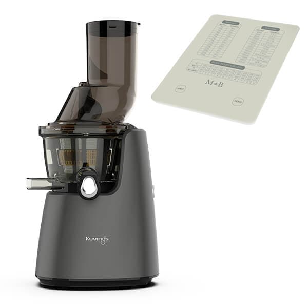 Kuvings C9500 Whole Slow Juicer in matte gunmetal finish features a sleek design, a large feeding chute, and includes a free gift guide.