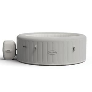 Grey inflatable hot tub with a textured exterior, featuring a control panel and built-in air jets for relaxation, designed for easy setup and outdoor use.