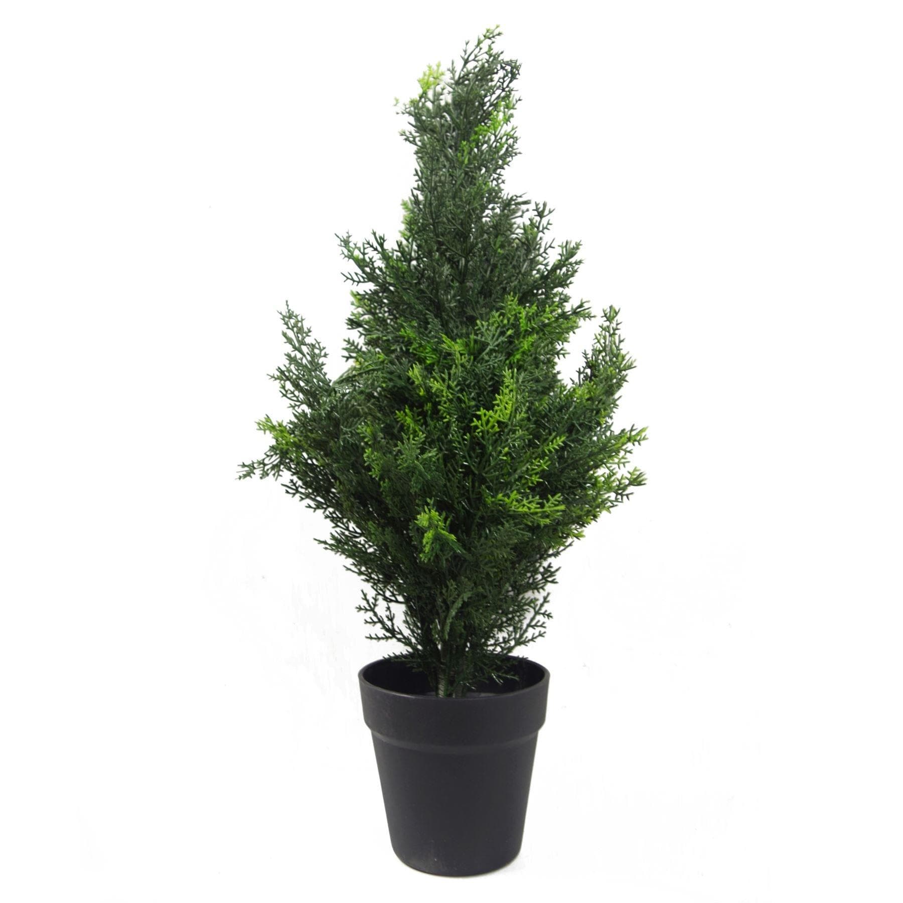 60cm artificial cedar cypress topiary in a black pot, featuring lush green foliage that is UV resistant and designed for indoor or outdoor use.