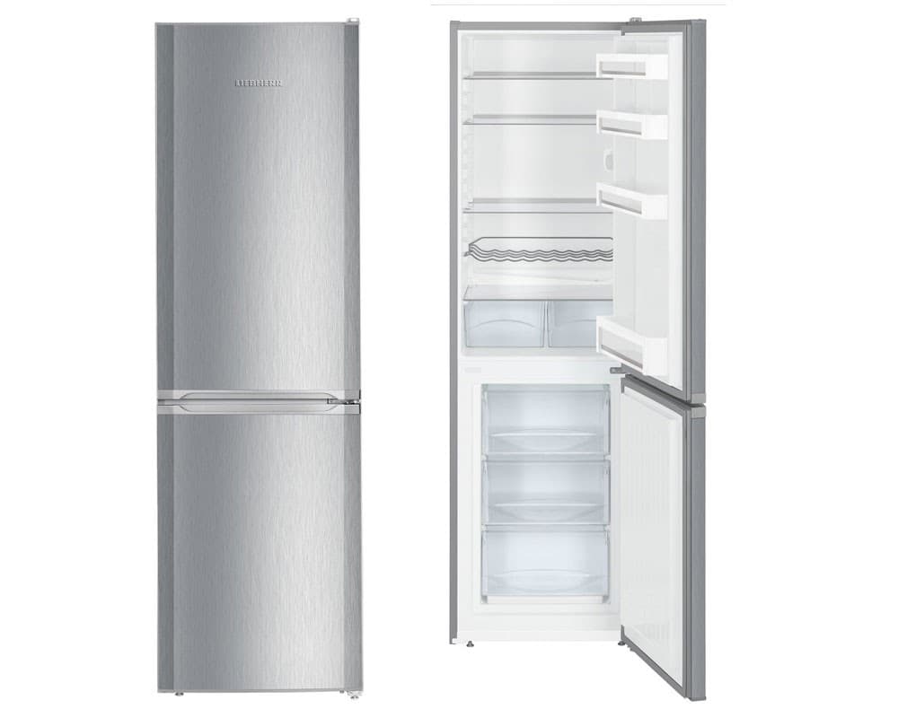 Silver Liebherr CUELE3331 fridge freezer, 181cm high and 55cm wide, featuring a sleek stainless steel finish, spacious interior with glass shelves, and transparent storage drawers.