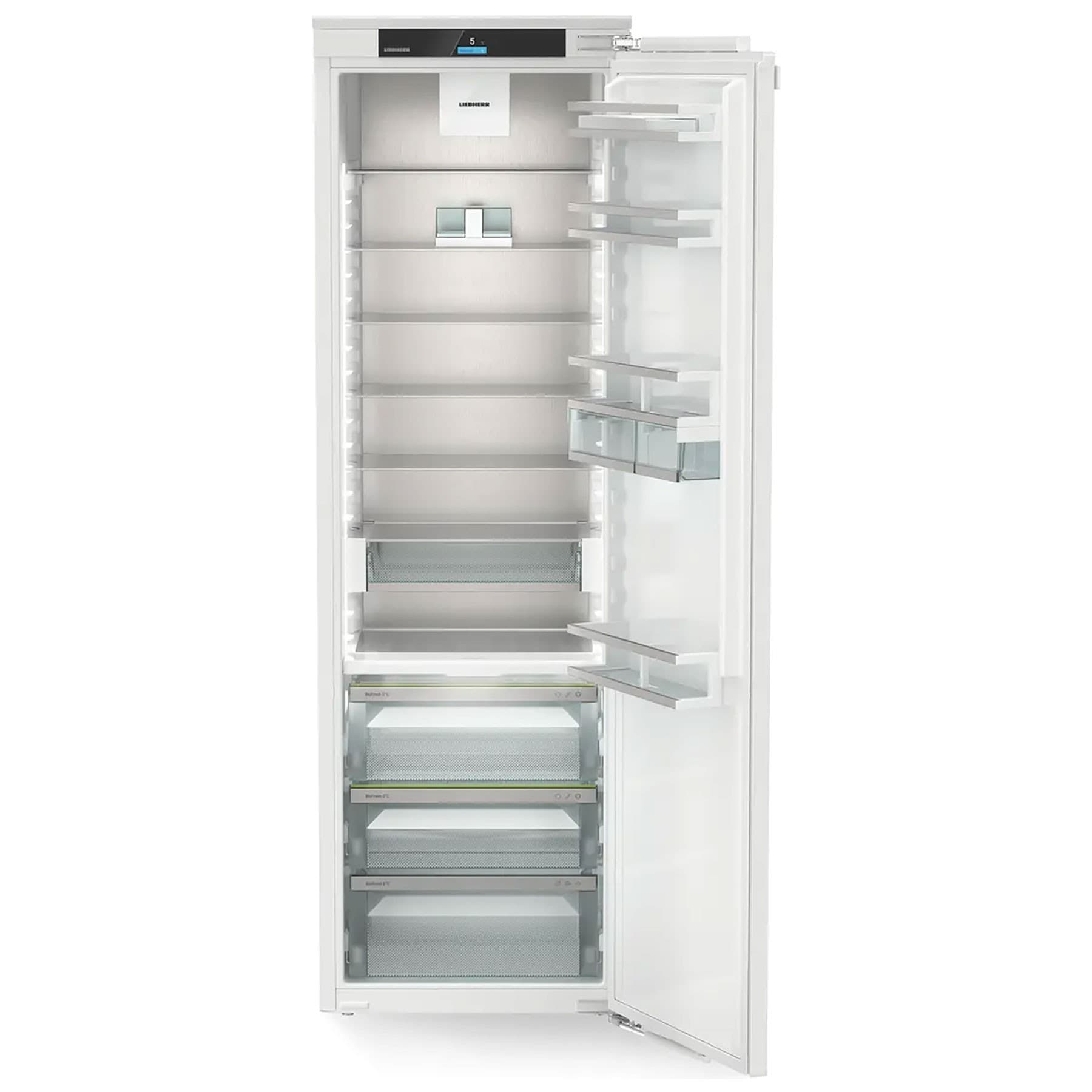 High integrated upright fridge in white, 177cm tall and 56cm wide, featuring multiple adjustable shelves, transparent drawers, and a sleek stainless steel handle.
