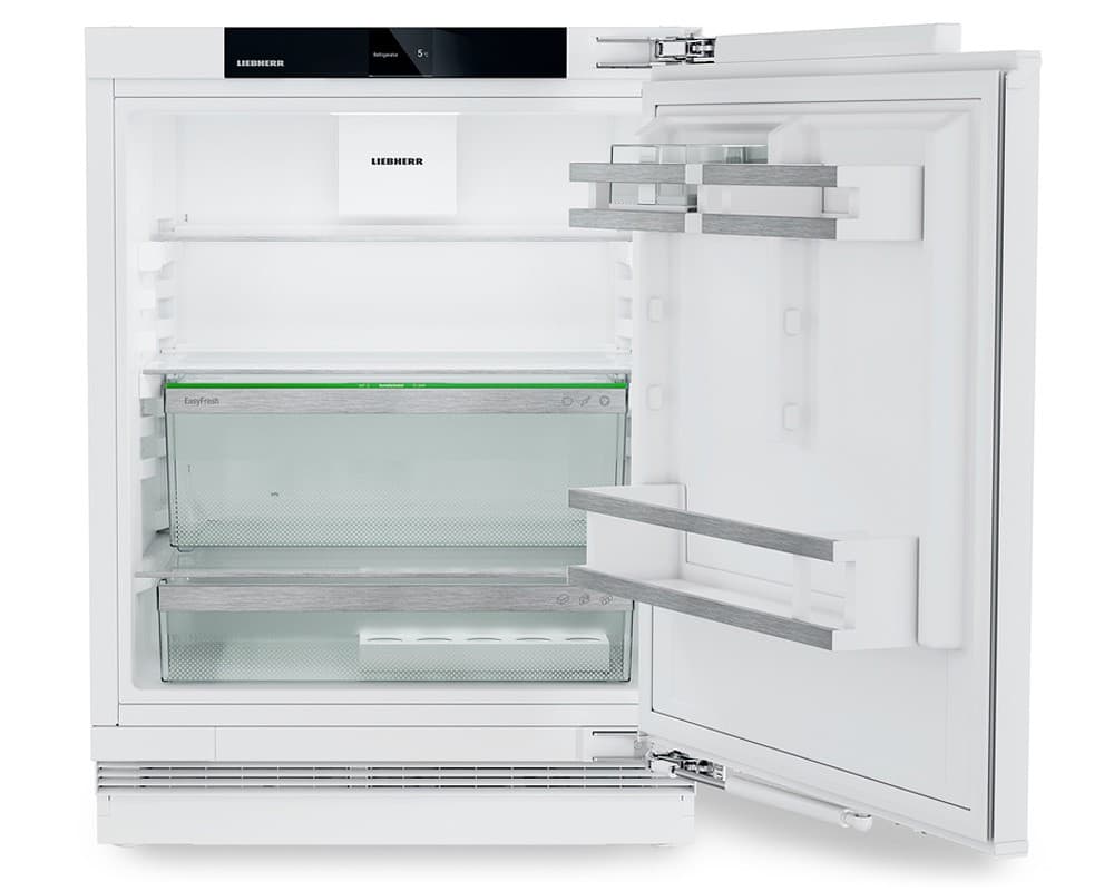 Fully integrated under counter larder fridge in white, featuring glass shelves, LED lighting, and a sleek design with a digital control panel on the door.