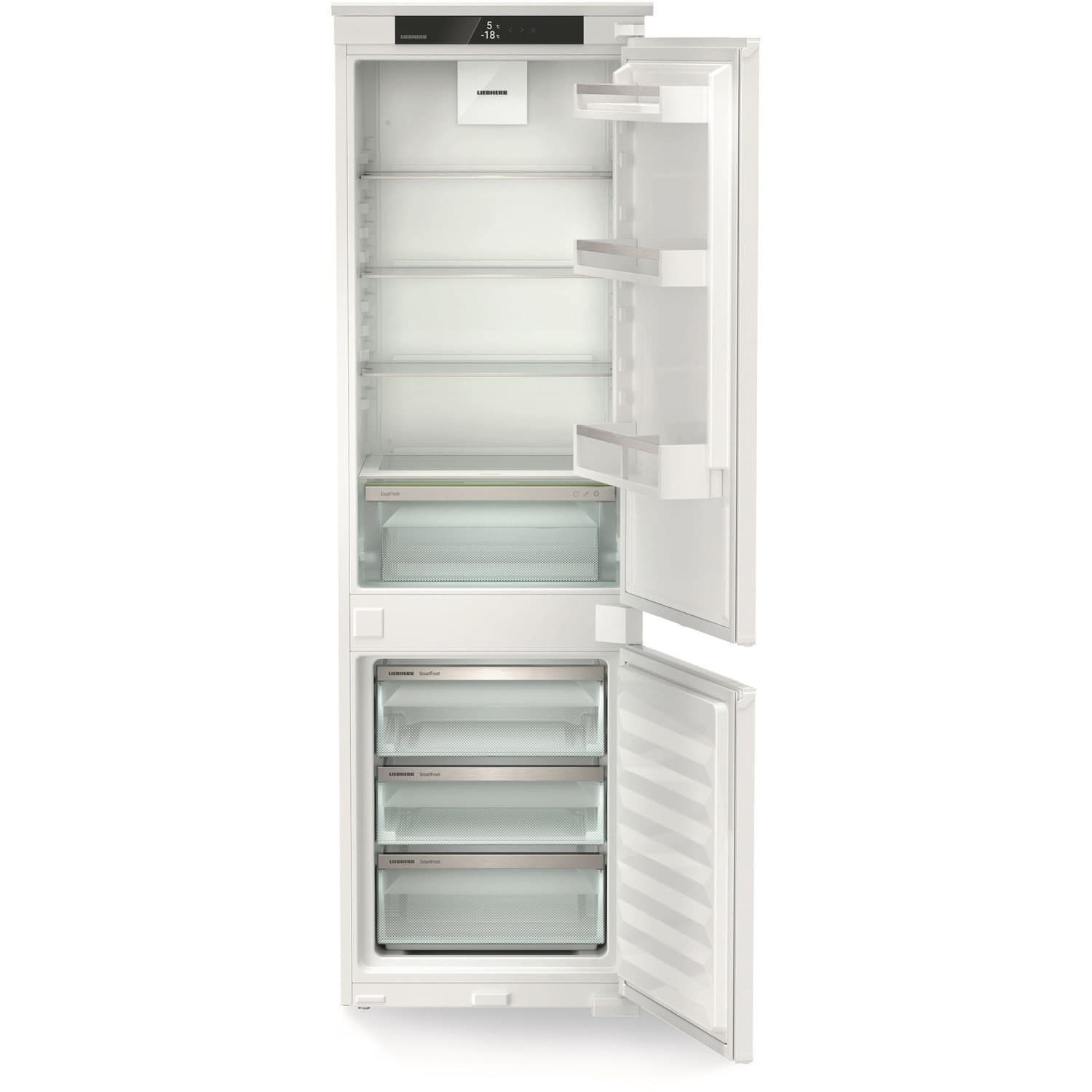 Integrated Liebherr ICSE5103 fridge freezer in white, 177cm high, featuring glass shelves, transparent drawers, and a sleek design with a digital control panel.