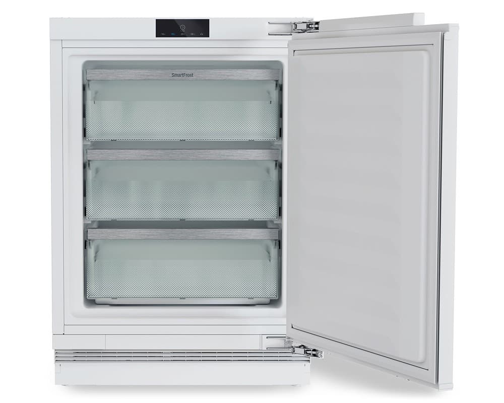 White under-counter upright freezer with a fully integrated design, featuring three transparent drawers, mesh fronts, and a digital control panel at the top.