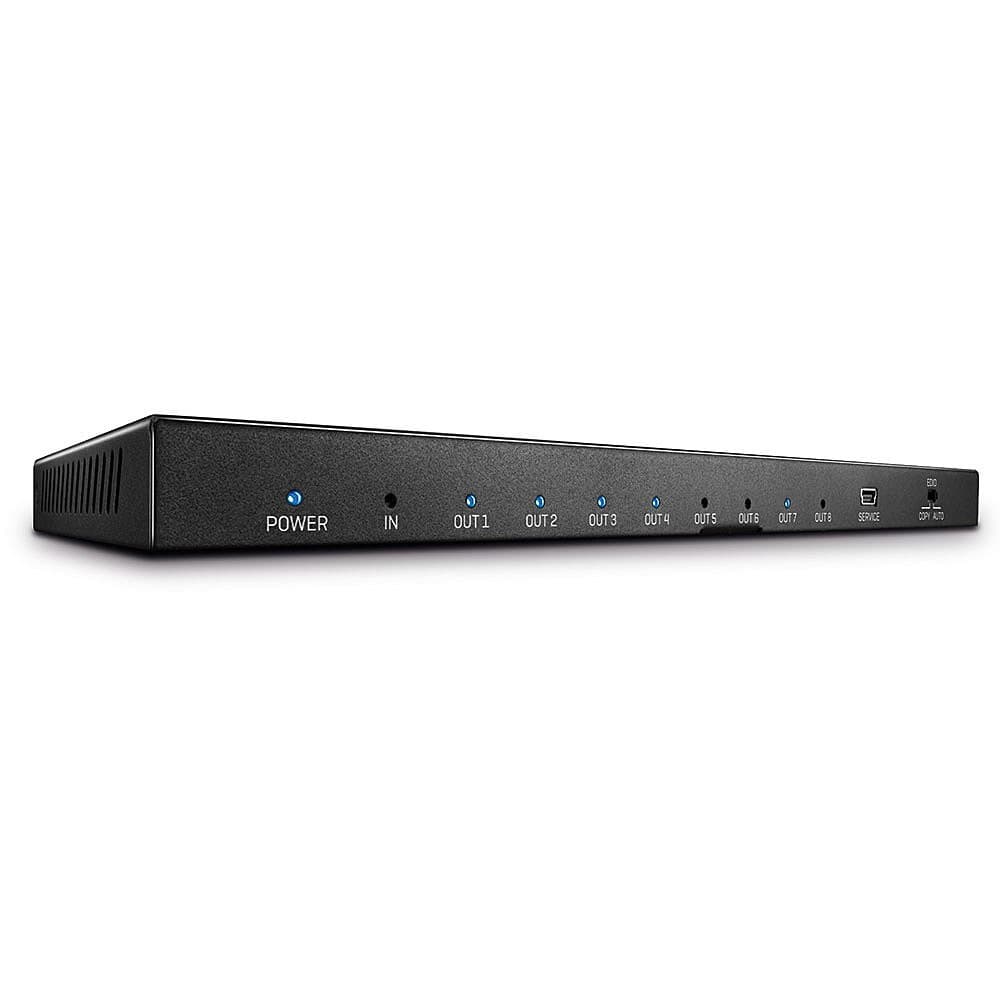 Lindy 8 Port HDMI 2.0 18G Splitter in sleek black, featuring eight output ports, one input port, and LED indicators for power and output status.