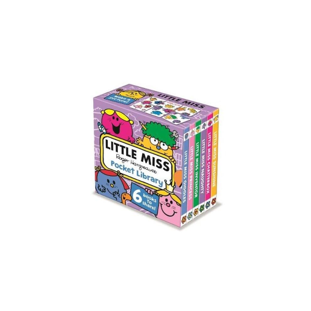 Colorful box set titled "Little Miss: Pocket Library" featuring six small books with cartoon characters on the cover, set against a purple background with playful illustrations.
