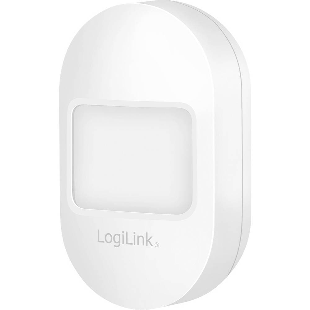 White oval-shaped wireless motion detector with a smooth plastic finish, featuring a clear sensor window and the LogiLink logo at the bottom.